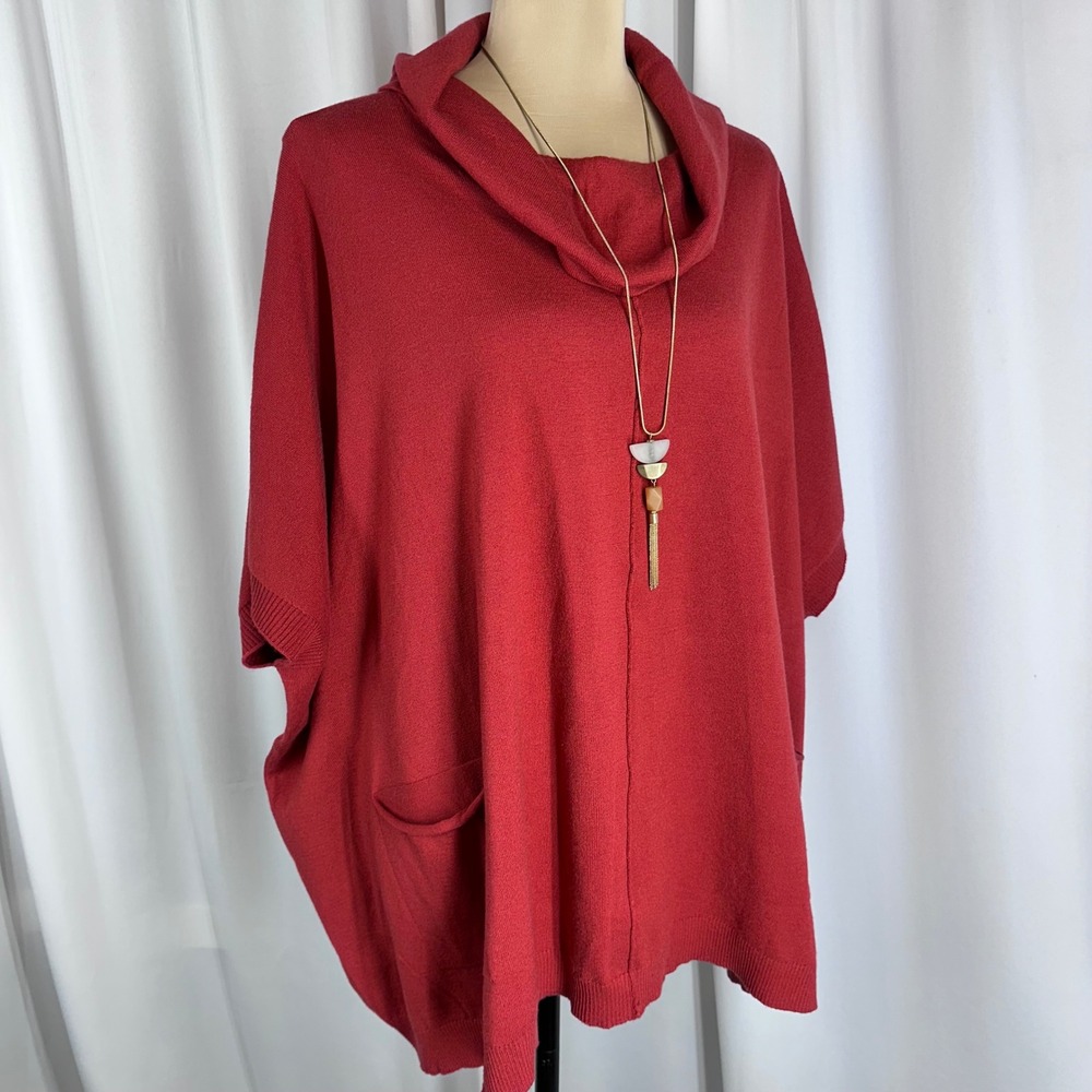 Variations‎ Red Cowl Neck Poncho Sweater Pockets S/M Lagenlook Boho NEW W TAGS